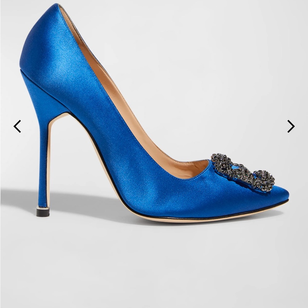 Manolo Blahnik Royal Blue Satin Hangisi Crystal Embellished Pumps